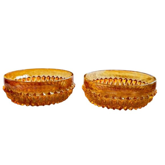Pair Of Vintage MCM Marigold (Carnival) Glass Geometric Diamond Pattern Bowls - Picture 3 of 8